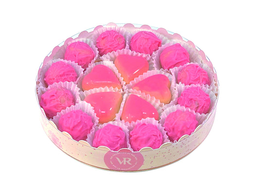 Caramel & Champagne Harmony: 16cm Round Gift Box of Marc de Champagne and Caramel Hearts